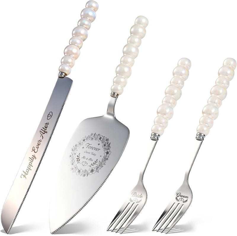kingump 4 Piece Wedding Cake Cutting Set, Knife and Server with Forks, Elegant Wedding Cake Knife and Server Set for Bride and Groom(Pearl Handle Silver) - Image 1